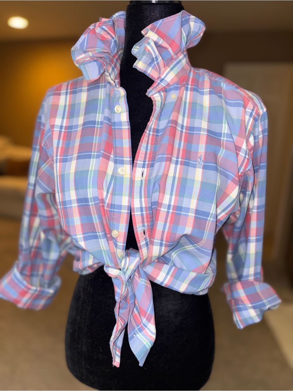 Reworked Ralph Lauren Pastel Plaid Button-Down Shirt in Pink and Blue size XS/S